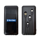 A black power bank with built-in charging cables for multiple devices and a logo on the front.