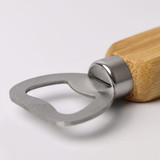A drink bottle opener with a stainless steel head and a bamboo handle. Features a logo on the handle.