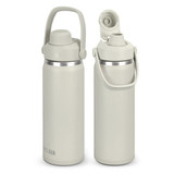 A drink bottle with a light grey finish, featuring a handle and a flip-top lid, includes a logo.