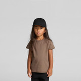 A brown kids' t-shirt displayed on a child wearing a black cap, set against a plain grey background.