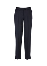 Navy women's slim leg pants with a button closure, featuring a sleek design and side pockets. Includes a logo.