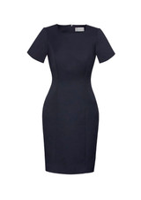 A short sleeve shift dress in navy blue with a fitted silhouette and a subtle brand logo.