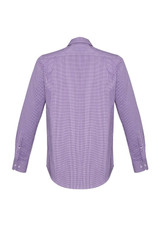 A long-sleeve button-up shirt in purple with a checkered pattern and a branded logo on the back.
