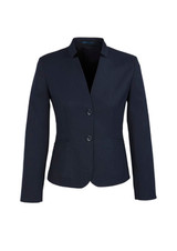 A fitted women's short jacket in navy blue with a reverse lapel and two buttons, featuring a logo.