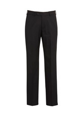 Black flat front pants with a classic design, featuring a button closure and a logo on the waistband.