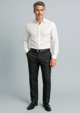 Men's cool stretch adjustable waist pants in black, styled with a white shirt and belt, featuring a logo.
