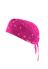 A unisex pink scrub cap featuring a printed design and buttons for adjustment. Suitable for various uniform settings.