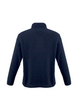 A navy polar fleece jacket with a high collar and long sleeves, featuring a logo.