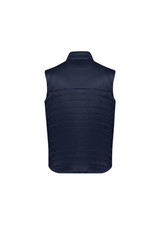 A navy men's expedition vest with a quilted design and a high collar, featuring no sleeves and a branding logo.