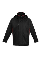A black unisex jacket with a hood and contrast piping, featuring a front zip and side pockets. It has a logo.