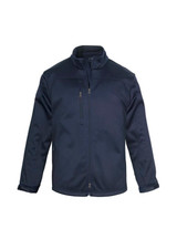 A navy blue men's softshell jacket featuring a full zip, high collar, and one zip pocket on the chest.