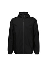A black men's rain jacket with a hood, featuring a front zipper and side pockets. It has a logo on it.