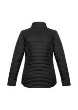 A black puffer jacket with a high collar and textured stitching, featuring a logo on the back.