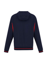 A men's soft shell jacket in navy with red accents and a hood, featuring a logo on the side.