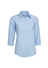 A light blue women's button-up shirt with a micro check pattern and 3/4 sleeves. It features a collar and has a logo.