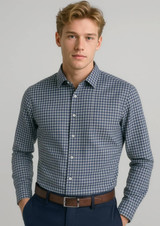 A long sleeve button-up shirt in navy blue and white check pattern, featuring a collar and buttons.