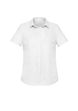 A white short sleeve button-up shirt for women featuring a classic collar and a logo on the breast.