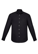 A black long sleeve button-up shirt with a classic fit and a single chest pocket. Features a logo on the front.