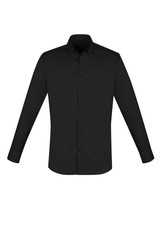 A black long sleeve button-up shirt with a collar and a logo on the chest.