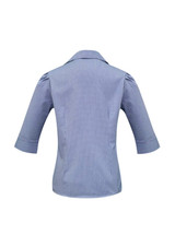 A women's blue 3/4 sleeve button-up shirt with a fitted design and a collar, featuring a back view.