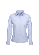 A pale blue women's button-up shirt with long sleeves and a collar, featuring a branding logo.