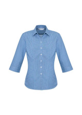 A blue and white checked women's button-up shirt with 3/4 sleeves and a collar, featuring a logo.