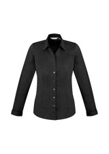 A black women's long sleeve button-up shirt featuring a classic collar and a fitted design. It has a logo on the label.