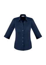 A navy blue women's button-up shirt with 3/4 sleeves and a collared neck. Features a logo on the chest.