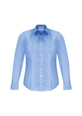 A blue long sleeve button-up shirt with a striped pattern and a collar. The shirt features a logo on the label.