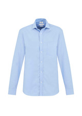 A light blue long sleeve button-up shirt with a chest pocket and a logo.