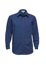 A men's micro check long sleeve button-up shirt in navy blue with a pocket and a branding logo.