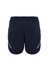 A pair of navy sports shorts featuring white detailing and an elastic waistband. Includes a logo on the back.
