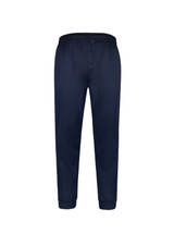 A pair of navy track pants with an elastic waistband and cuffs, featuring a logo.