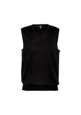 A black Milano men's vest with a V-neck design and ribbed hem, featuring a logo on the label.