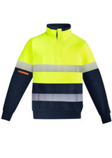 A fluorescent yellow and navy pullover with reflective hoop tape, featuring a quarter zip design and branding.