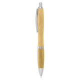 A wooden pen with a bamboo finish and silver accents, featuring a clip and a smooth writing tip.