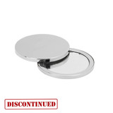 A silver compact mirror with a polished finish, opening to reveal a reflective surface inside. It features a logo on the exterior.