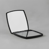 A compact mirror with a sleek black exterior, featuring two reflective surfaces inside. It has branding visible.