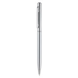 A metal pen in sleek silver, featuring a clip and smooth design, with a branding logo on the barrel.