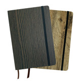 A5 wood look notebooks in dark and light wood finishes, featuring elastic bands and ribbons for secure closure.