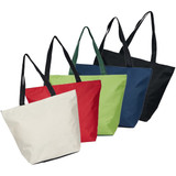 A set of five tote bags in red, green, navy blue, black, and cream, featuring shoulder straps and a logo.