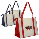 A large zipped shopping bag in red, navy, and charcoal, featuring a logo on each. Ideal for reusable grocery use.