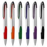 A selection of six plastic pens in orange, green, purple, blue, red, and black, with silver accents and a logo.