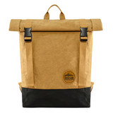 A tan kraft paper laptop backpack with black accents and a logo on the front. Features adjustable straps and a roll-top design.