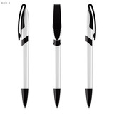 A set of black and white plastic pens, featuring a sleek design and a prominent clip. The image displays three angles of the pens.