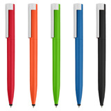 Five stylus pens in red, orange, green, blue, and black. Each pen has a white clip and a smooth finish.