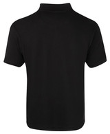 A black polo shirt with a collared neckline and short sleeves. It features a branding logo.