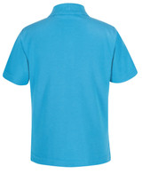 A short-sleeve polo shirt in bright blue with a collar and a plain back. Features a logo branding.
