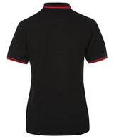 A black polo shirt with contrast red detailing and a collar. It features a logo on the fabric.