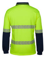 A long-sleeved polo shirt in high visibility yellow with navy blue sleeves and reflective stripes. It has a logo on it.